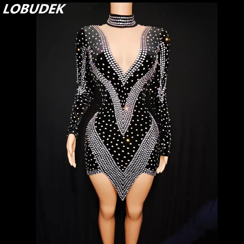 

Competition Latin Modern Dance Irregular Rhinestones Dress Long Sleeve Velvet Women Ballroom Costume Singer Dancer DS Stage Wear