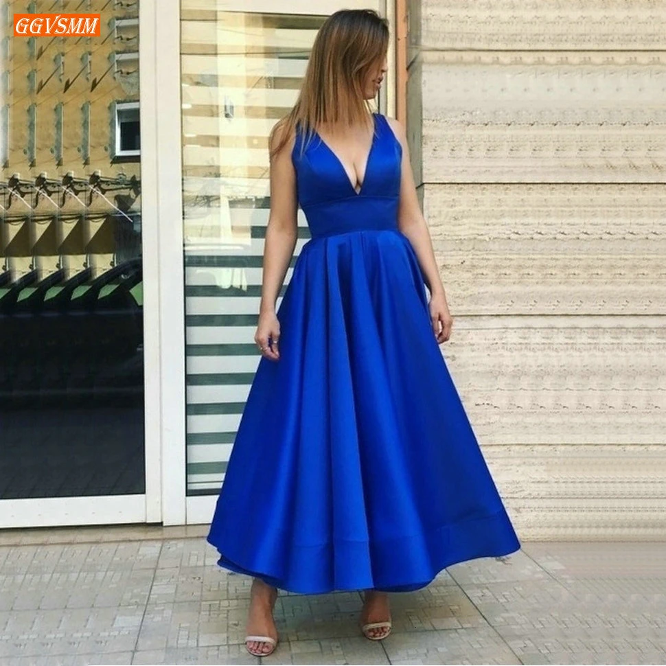 

Простые королевский синий V вечерние платья с круглым вырезом без рукавов атласная линия женское формальное платье длинное по щиколотку из...