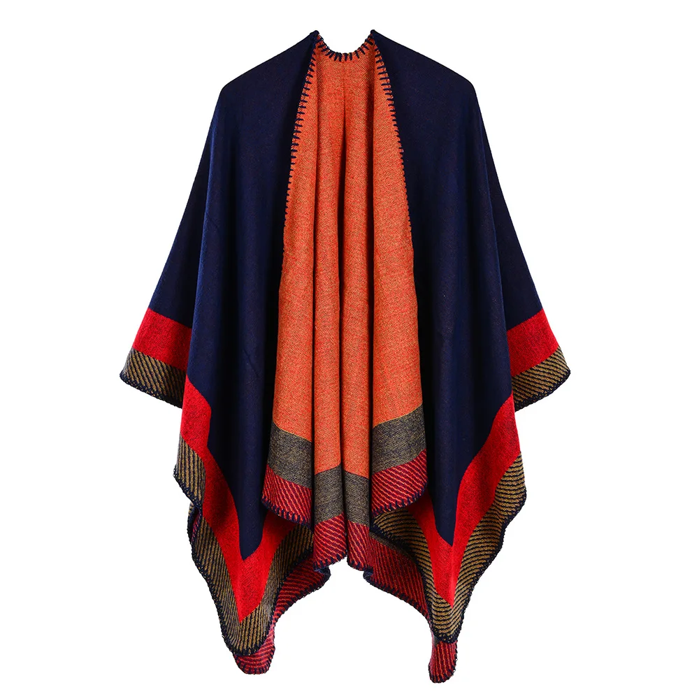 Autumn Winter Thick Cloak Scarf Women Plaid Travel Shawl Imitation Cashmere Capes Fashin Stripe Fork Thicker Cloaks Wraps Femme |