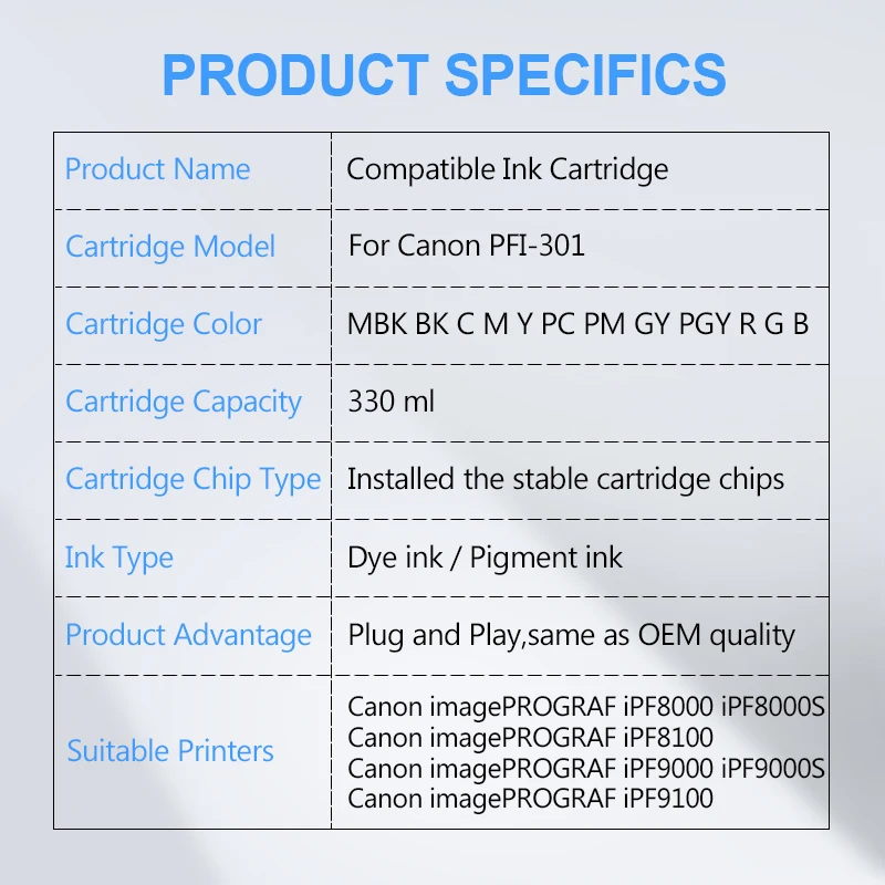 PFI-301 330 мл совместимый чернильный картридж с пигментными чернилами для Canon iPF8000