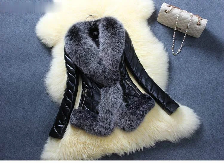 

Zoulv Fashion Winter Keep Warm Outwear Lady Casual Overcoat S-3XL Women Imitation Fox Fur Coat PU Leather Long Sleeve Jacket