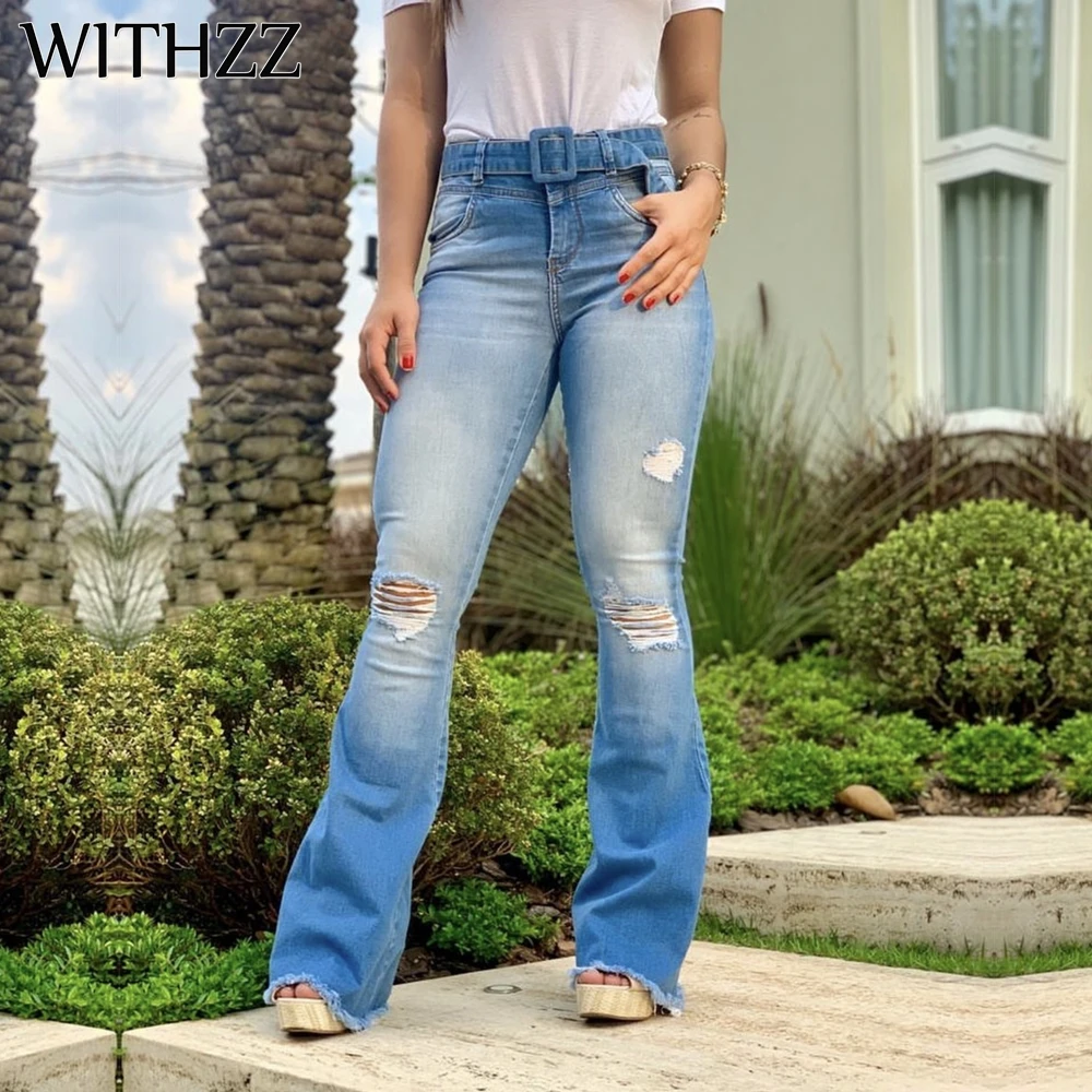 

WITHZZ весна осень сексуальные джинсовые штаны с дырками брюки с высокой талией рваные широкие брюки женские рваные джинсы