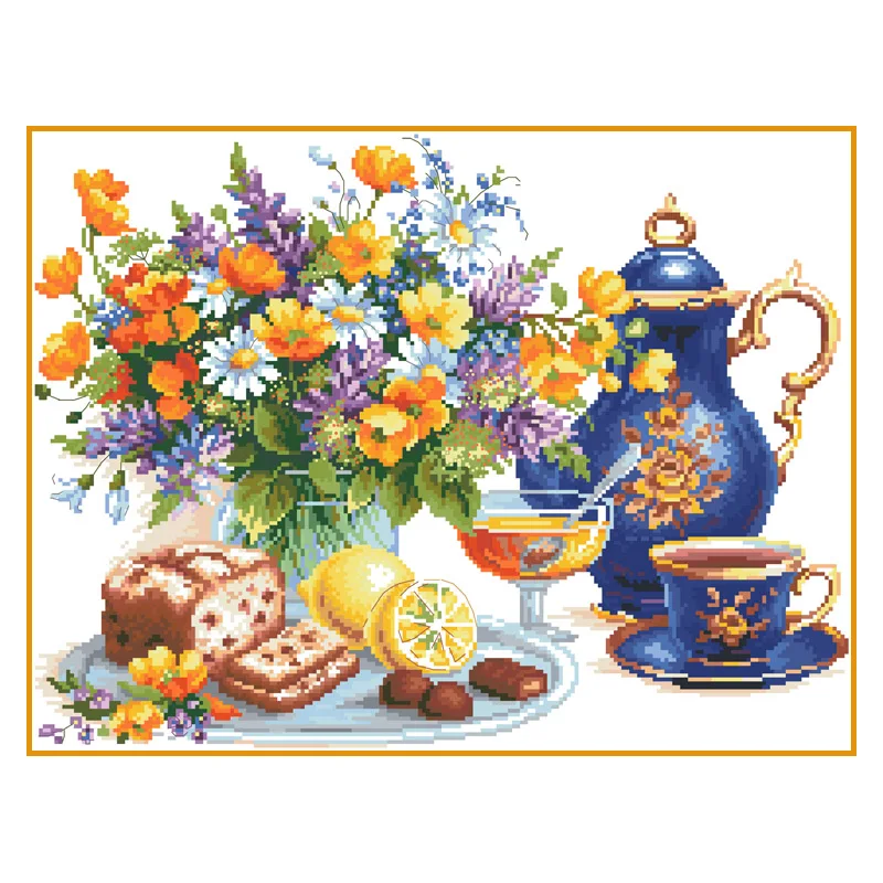 

Afternoon Tea Time Counted Cross Stitch Kits Patterns Printed Canvas Embroidery Set 11CT 14CT DIY Handmade Craft Home Decoration