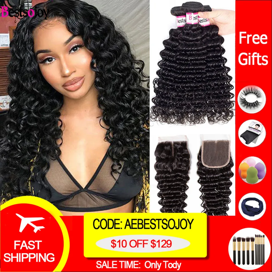 

Bestsojoy Deep Wave Bundles With Closure Human Hair Bundles With Lace Closure Remy Brazilian Hair Weave 3 Bundles With Closure