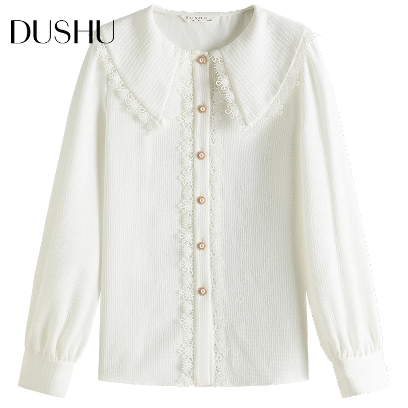 

DUSHU Plus size patchwork lace white blouse shirt Women long sleeve elegant button up shirt Spring office lady casual female top