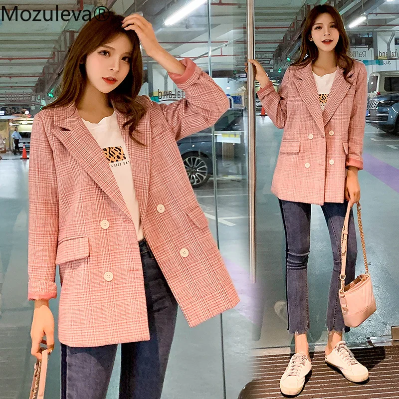 Женский блейзер в клетку с поясом Розовый Повседневный приталенный пиджак