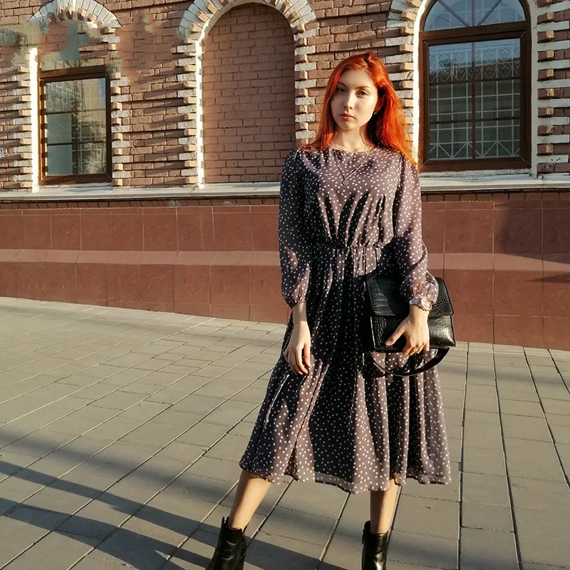 

Elegant Dot Print Long Sleeve Spring Women Dresses Winter Casual O Neck Chiffon A LIne Dress Vintage Party Vestidos