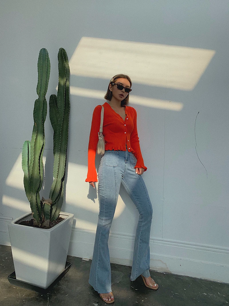 2019 Новая мода Женская одежда карман Высокая талия стрейч расклешенные джинсы