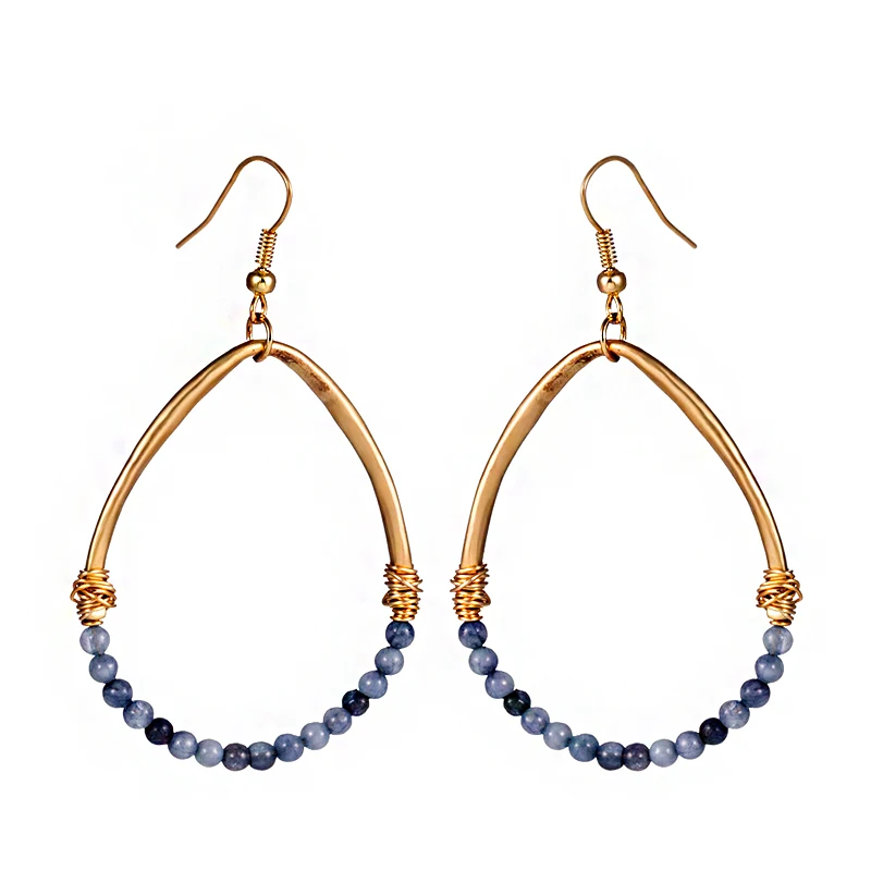 European and American retro style Earrings with natural stone beads sand gold color metal eardrop water drop earrings for girls | Украшения