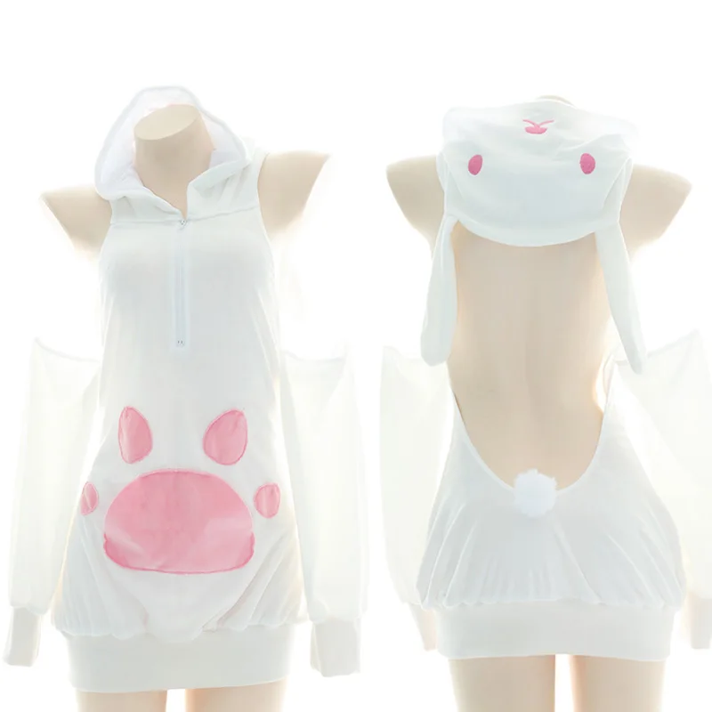 

Japanese Sexy Women Cute Girl Cat Cow Plush Hoodie Lop-eared Rabbit Zipper Lingerie Set Roleplay Backless Hooded Homewear
