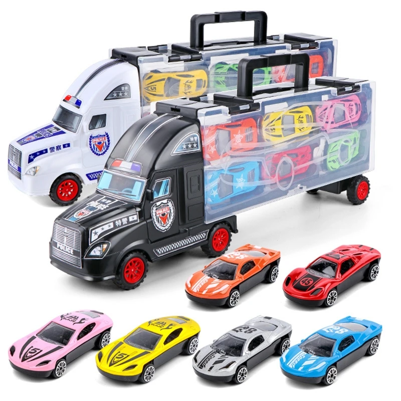 

Double Decker Carrier Transport Play Vehicle w/ 6pcs Friction Police Car Toy Alloy Cars Anti-Crash Toy for Toddler Baby