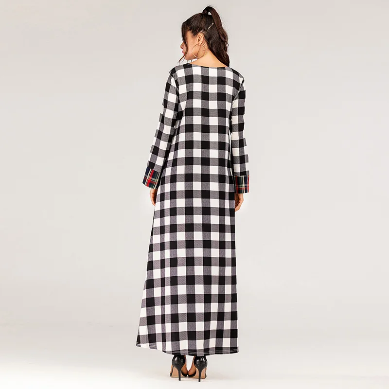 Женское длинное платье в клетку с длинным рукавом и карманами|Женские платья| |
