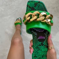 square toe printed serpentine metal chains designer flat slippers beach sandals summer fashion footwear for ladies