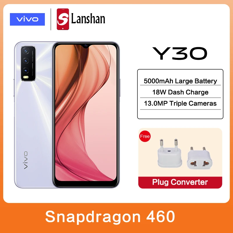 Оригинальный vivo Y30 мобильный телефон 8 ГБ 128 Snapdragon 460 5000mAh Большой Батарея 18 Вт тире