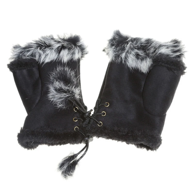 

GAOKE Cute Plush/Suede Leather Gloves faux Rabbit Hair Wrist Fingerless Mittens For Women High Quality Half Finger Female Mitten