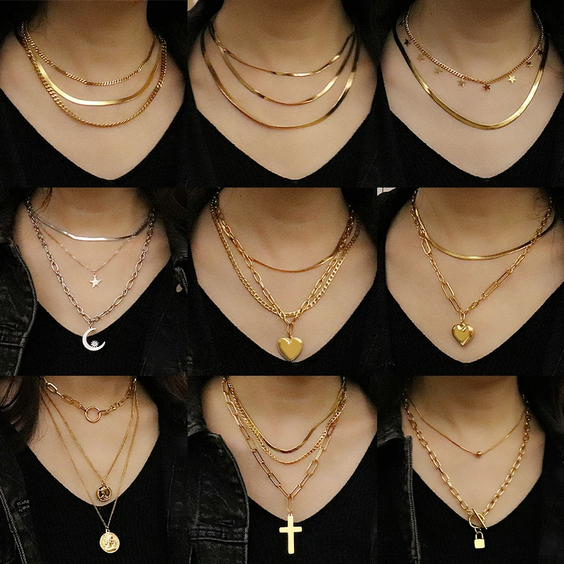 Многослойное ожерелье из нержавеющей стали в стиле панк для женщин с сердцем