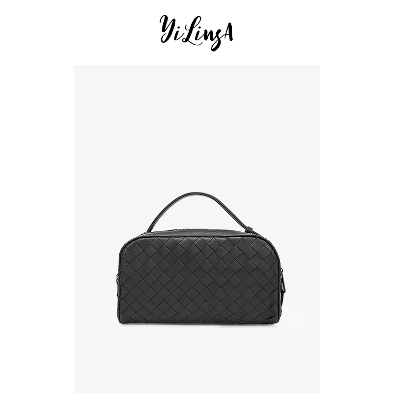 

Luxury Cowhide Leather Top Handle Bags 2021 Fashion Men High Quality Large Capacity Designer Outdoor Zippers Woven Male Handbag