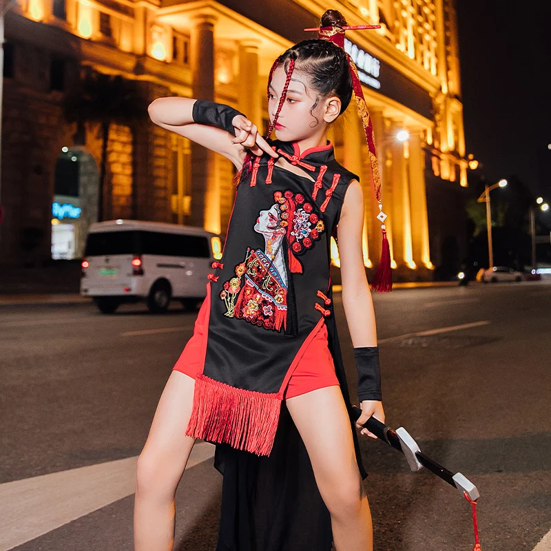 Комплект для девочек в китайском стиле одежда джазовых танцев с бахромой
