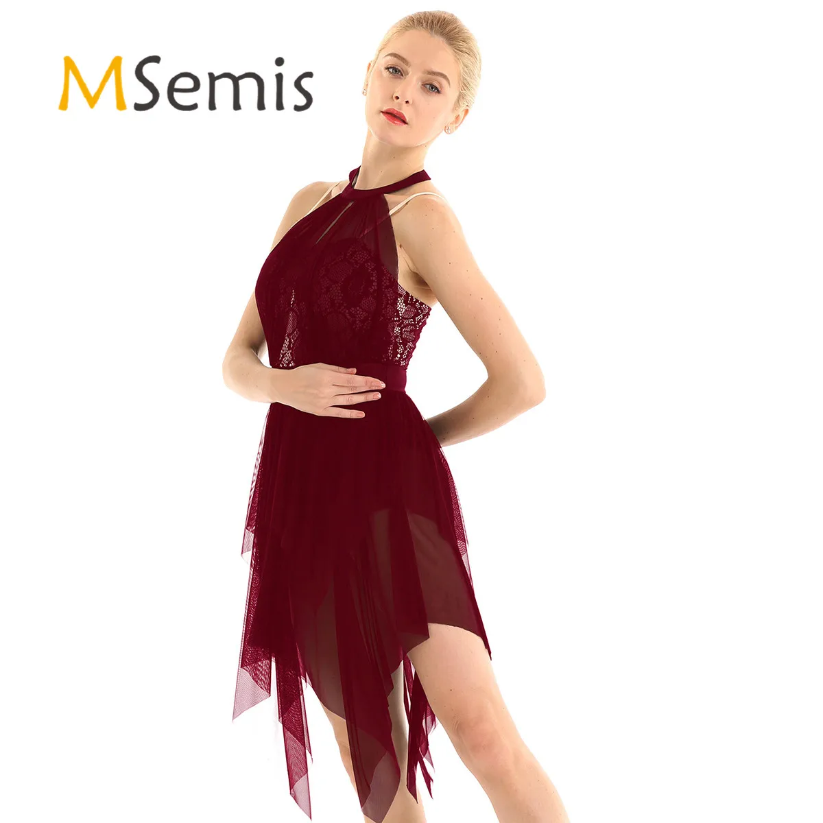 

MSmeis Women Lace Asymmetrical Figure Ice Skating Dress Latin Ballet Ballroom Dance Dresses Contemporary Lyrical Dance Costumes