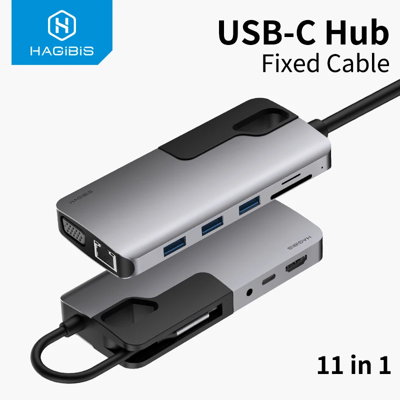 

Hagibis USB C HUB TypeC to USB 3.0 HUB HDMI-compatibe VGA Adapter Thunderbolt 3 Dock 3.5mm Audio RJ45 Adapter PD for MacBook Pro