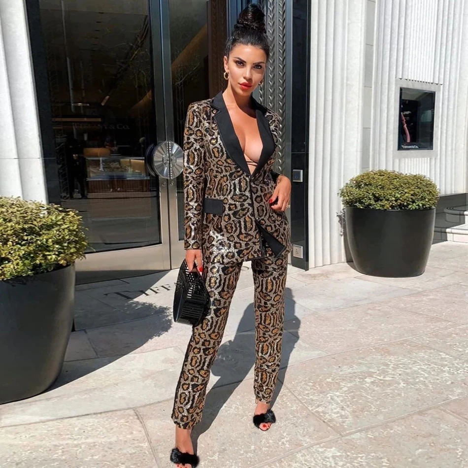 ADYCE 2021 New Autumn Leopard Long Sleeve Sequined Celebrity Evening Party 2 Two Piece Set Sexy V Neck Coat &amp Pant Club | Женская