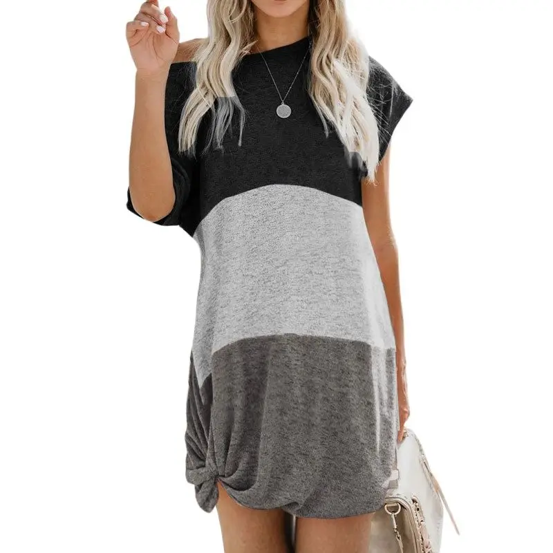 

Women's 2022 Summer Skirt Short Sleeve Round Neck Tri-Color Patchwork and Contrast Pocket Skirt Dress