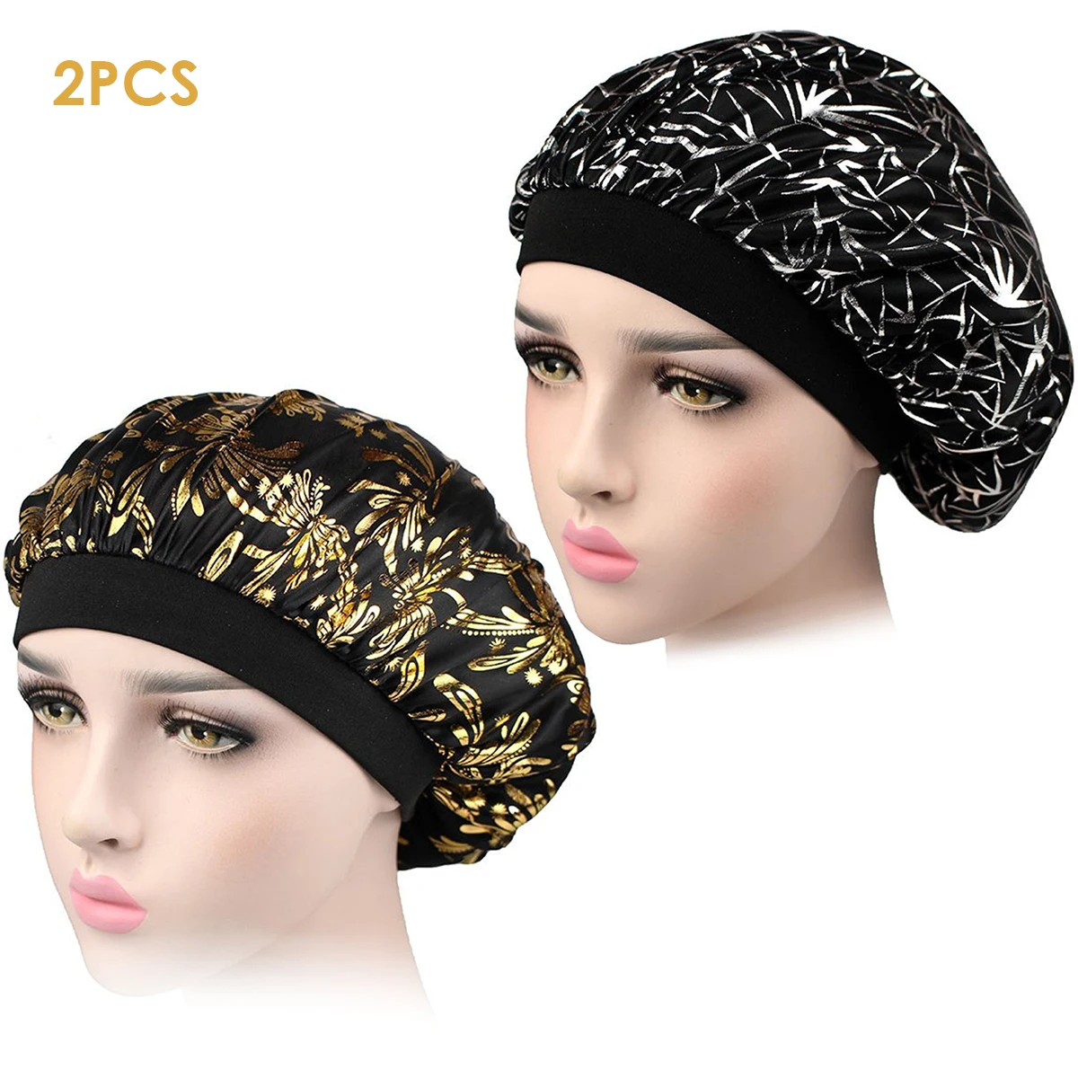 

2pcs Women Sleep Caps Set Durable Soft Satin Sleep Hat Bonnet With Wide Elastic Band Sleeping Head Cover Hair Coloring Cap