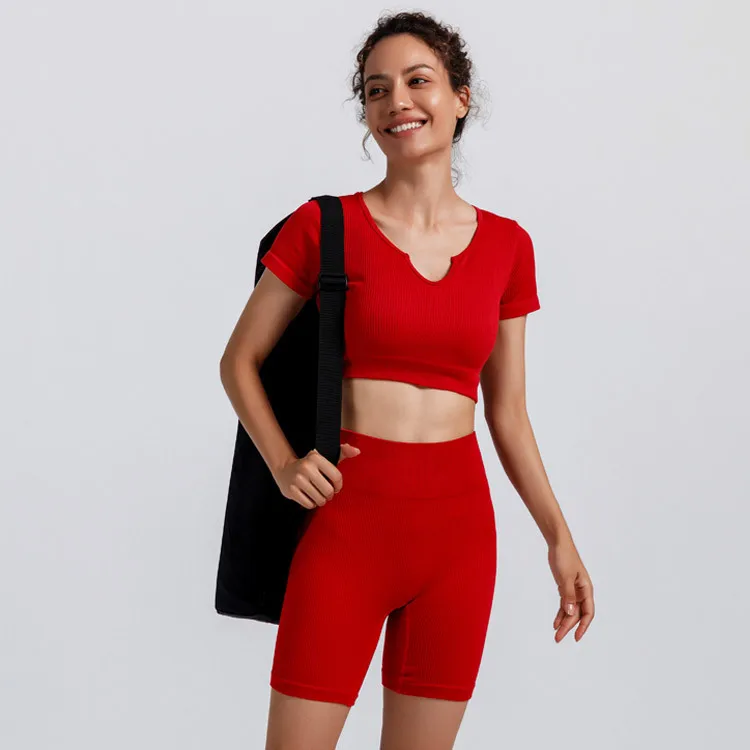 

Seamless Yoga Sets Fitness Sports Set Sexy Crop Top High Waist Shorts 2Pcs Running Sportswear Workout Clothes Sports Suits New