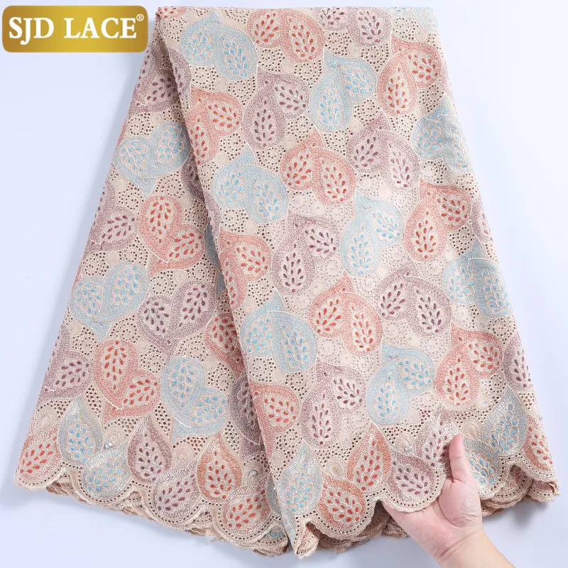 

SJD LACE High Quality African Cotton Lace Fabric With Stones Swiss Voile Lace In Switzerland For Nigerian Man Cloth Sewing 2234B