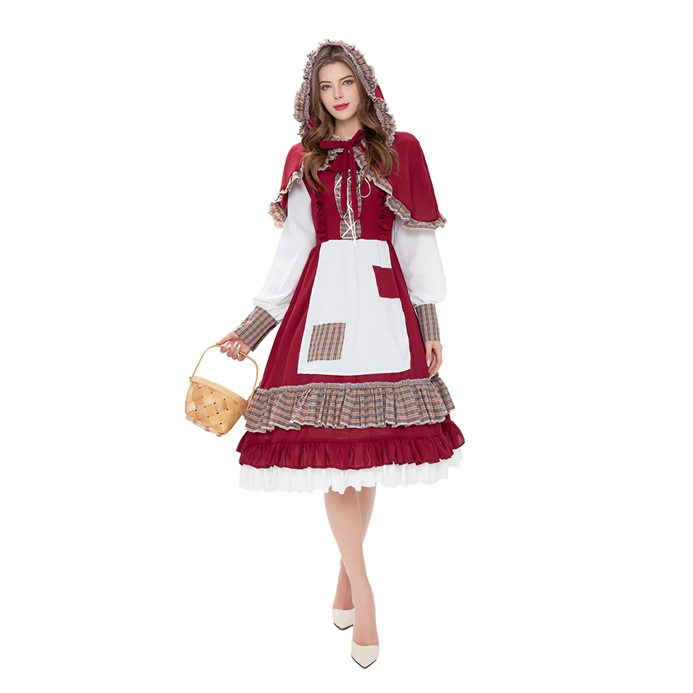 

Fairy Tale Little Red Riding Hood Costume For Women Japanese Lolita Dress Adult Halloween Cosplay Fantasia Dress Up Dress+Cloak