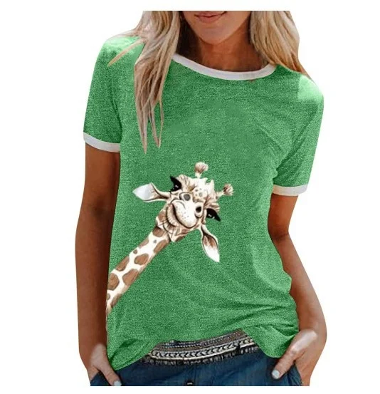 

Tshirts Women Giraffe Print Cartoon Tops Kawaii Female Clothes Harajuku Aesthetic Streetwear Shirt Short Sleeve Cute Graphic Tee