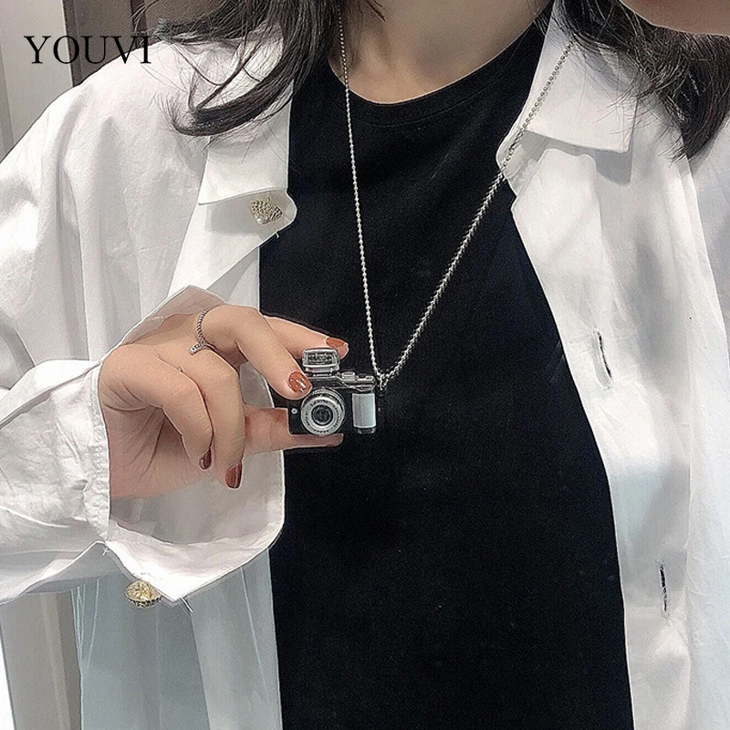 

YOUVI Stainless Steel Necklace For Women Men Long Chain Small Lightning Camera Pendant Necklace Party Ornament Jewelry Gift