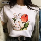 Корейская мода 2021, женская футболка, милые футболки с графическим рисунком кролика, Женская эстетичная одежда в стиле Харадзюку, белые топы, футболка
