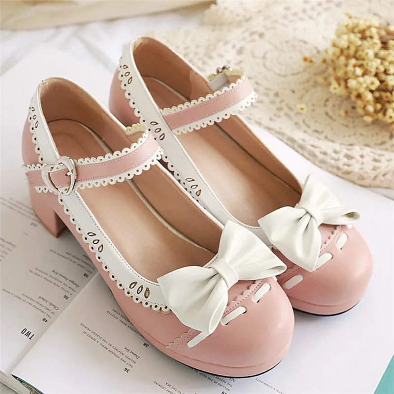 

Pink Lolita Shoes Mary Jane Shoes For Women High Heel Platform Pumps Block Heel Bow Ladies Cute Shoes Black Japanese Sweet 41 42