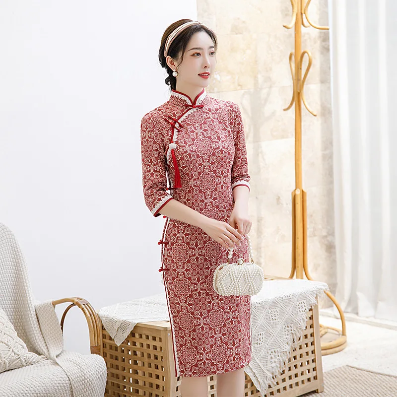 Женское элегантное Замшевое платье Qipao с изысканным принтом и кружевной отделкой