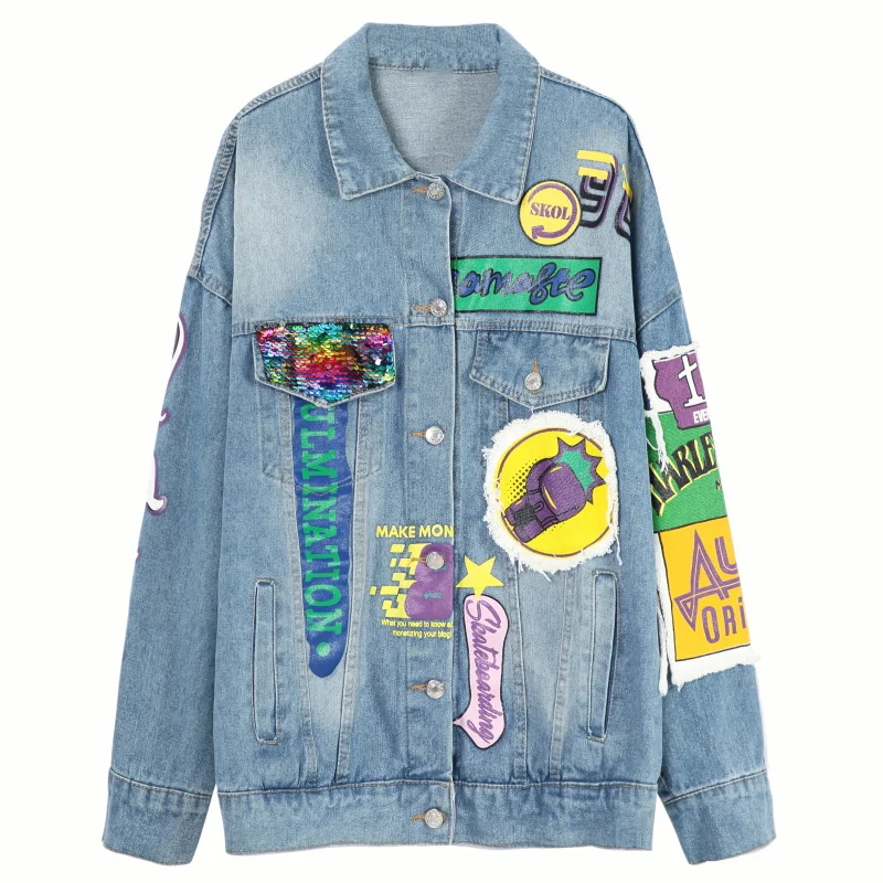 Женская джинсовая куртка с блестками демисезонная Свободная из денима