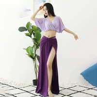 summer new belly dance practice suit set solid color sexy top mesh dance skirt belly dance hip scarf long skirt