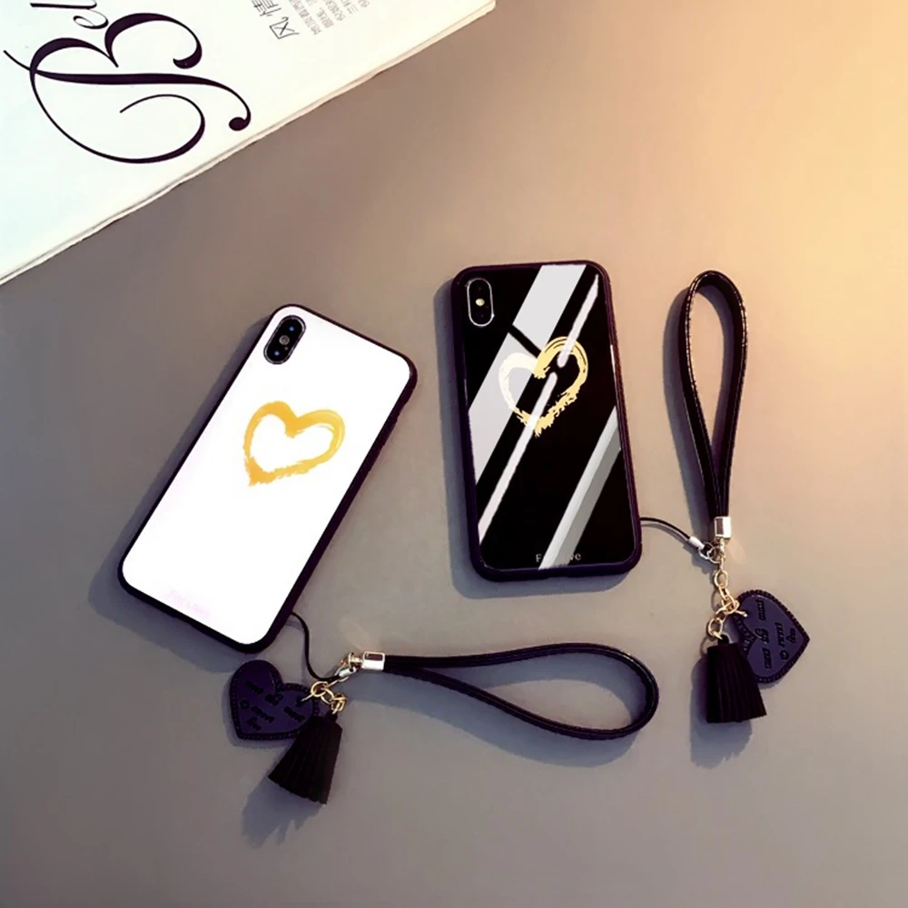 Luxury Tempered Glass Case For iPhone 11 Pro Max XR XS Tassel Lanyard Love Heart Cover 7 8 6 6S Plus Shockproof Funda |