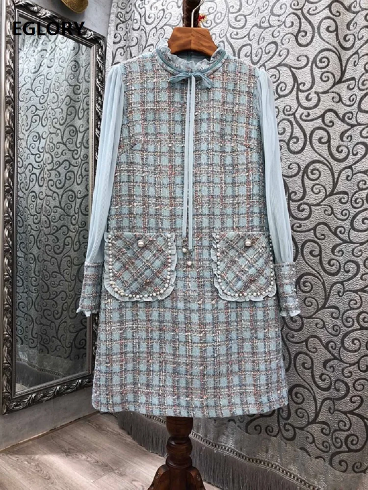

Top Quality New 2020 Autumn Winter Wool Dress Women Vintage Plaid Wool Chiffon Patchwork Long Sleeve Blue Woolen Dress Female