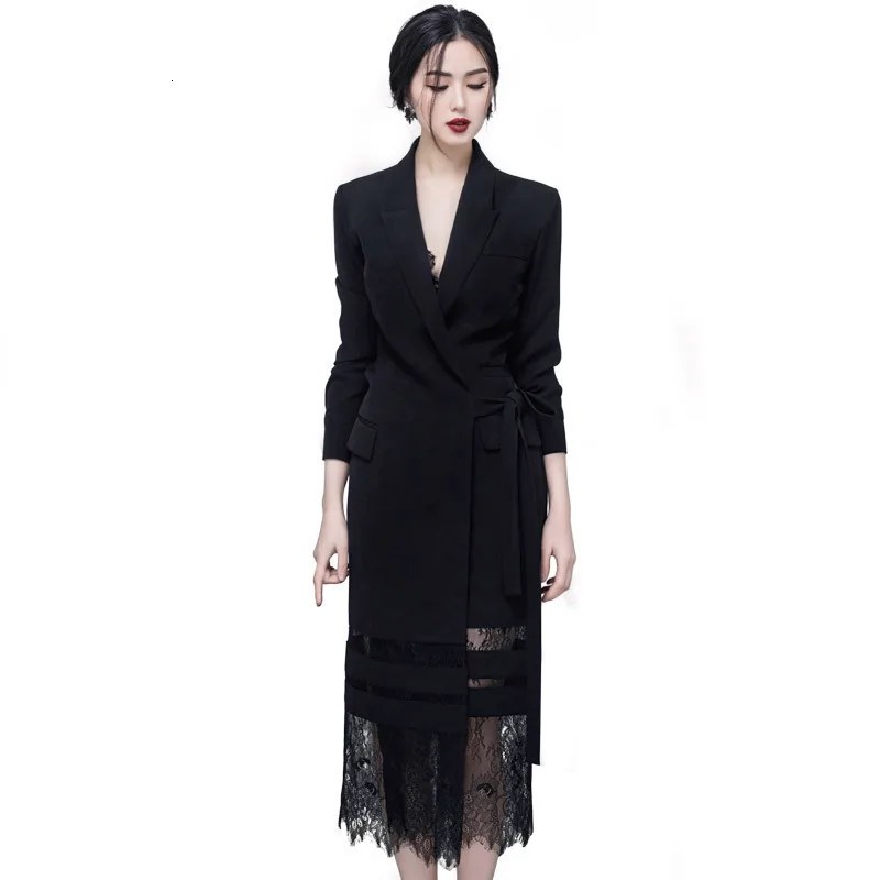 2020 Good Morning! Black Lady Of Quality Ol Commute Temperament False Twinset Lace Long Fund Suit Dress L309 | Женская одежда