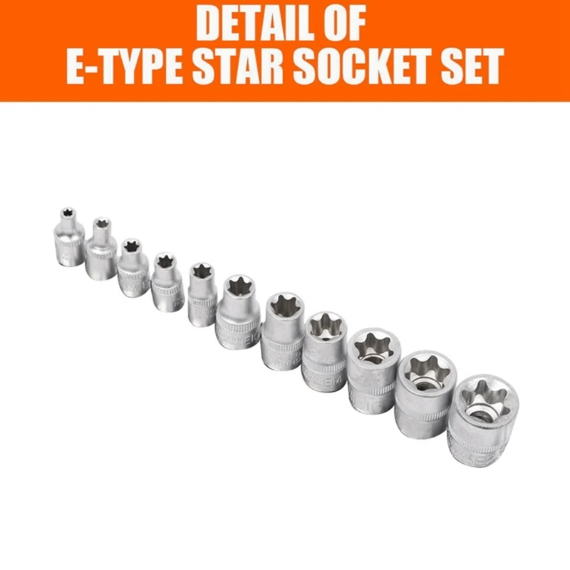 

11Pc Female E Torx Star Socket Set Rail E4 - E20 External Star Torque Socket Set