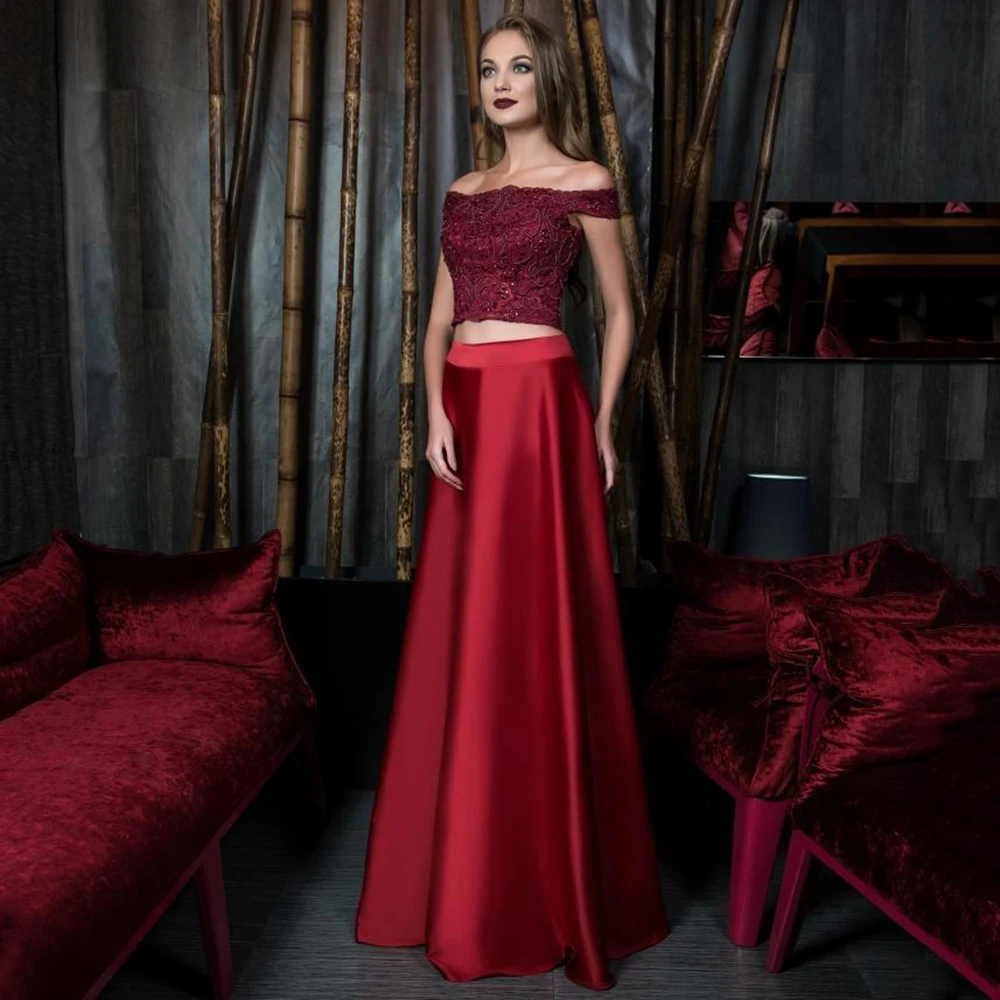 

Элегантное Атласное Вечернее платье-трапеция из двух предметов, с открытыми плечами и кружевной аппликацией из бисера, деловые платья для в...