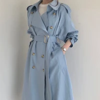 womens trench coat casual long double breasted overcoat chic back button loose outerwear with belt autumn fashion windbreaker
