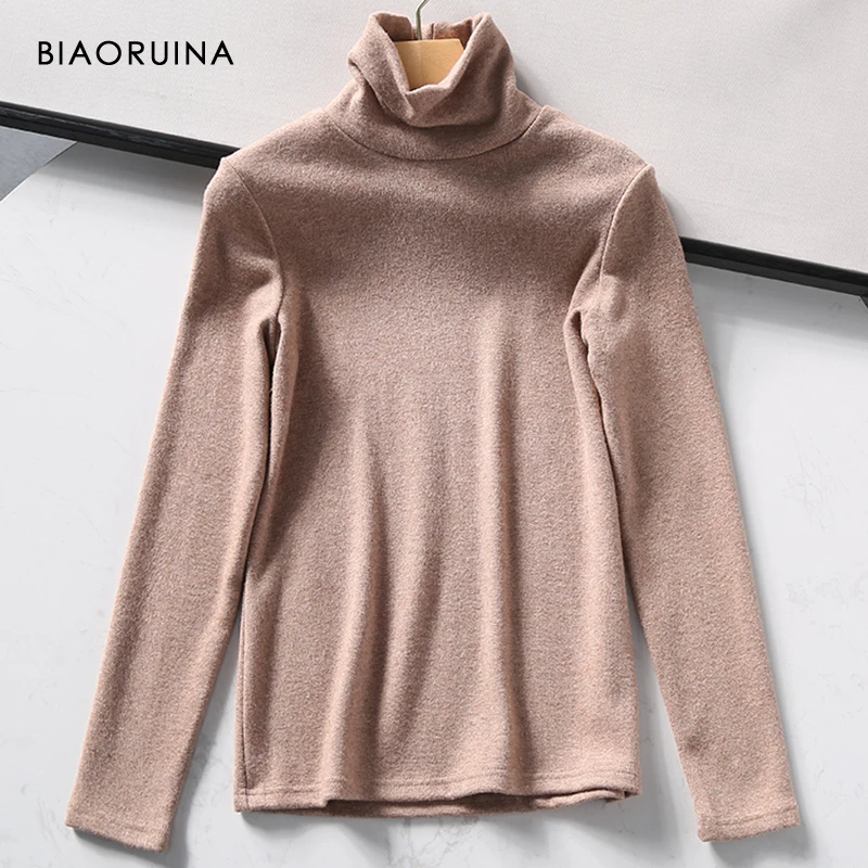 

BIAORUINA Women Solid Color Soft Skin Friendly Double Sided Blends All-match Base Knit Pullover Strech Fashion Turtlenck Sweater