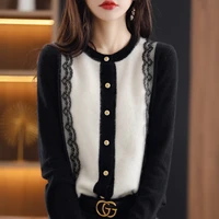 autumn and winter new womens counter wool cardigan round neck color matching small fragrance style knitted fashion coat sweater