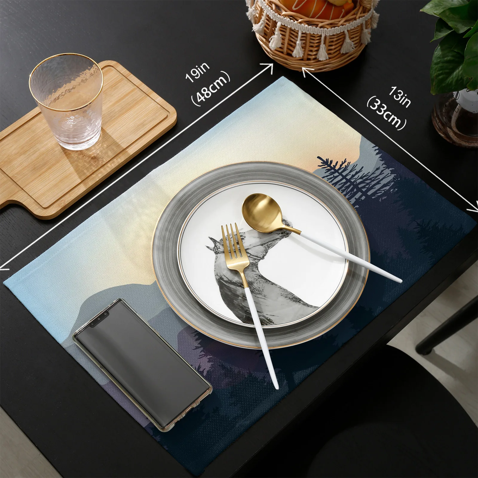 

Mountain Pine Woods Sun Table Runner Placemats Set Wedding Table Decoration Table Runner for Kitchen Dining