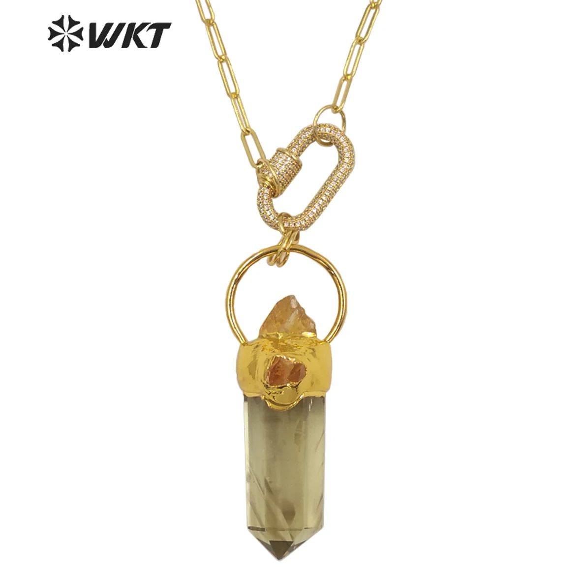 WT-N1273 Unique gold electroplated yellow crystal stone big pendant necklace women Chunky Citrines raw stone necklace