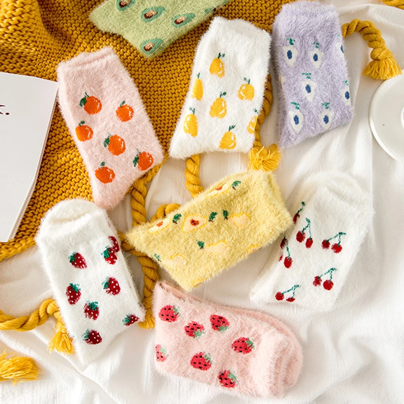 

Lovely Sweet Woman Socks Japanese Cute Winter Thick Warm Long Socks Women Fruit Plush Thermal Sleeping Floor Socks Gifts