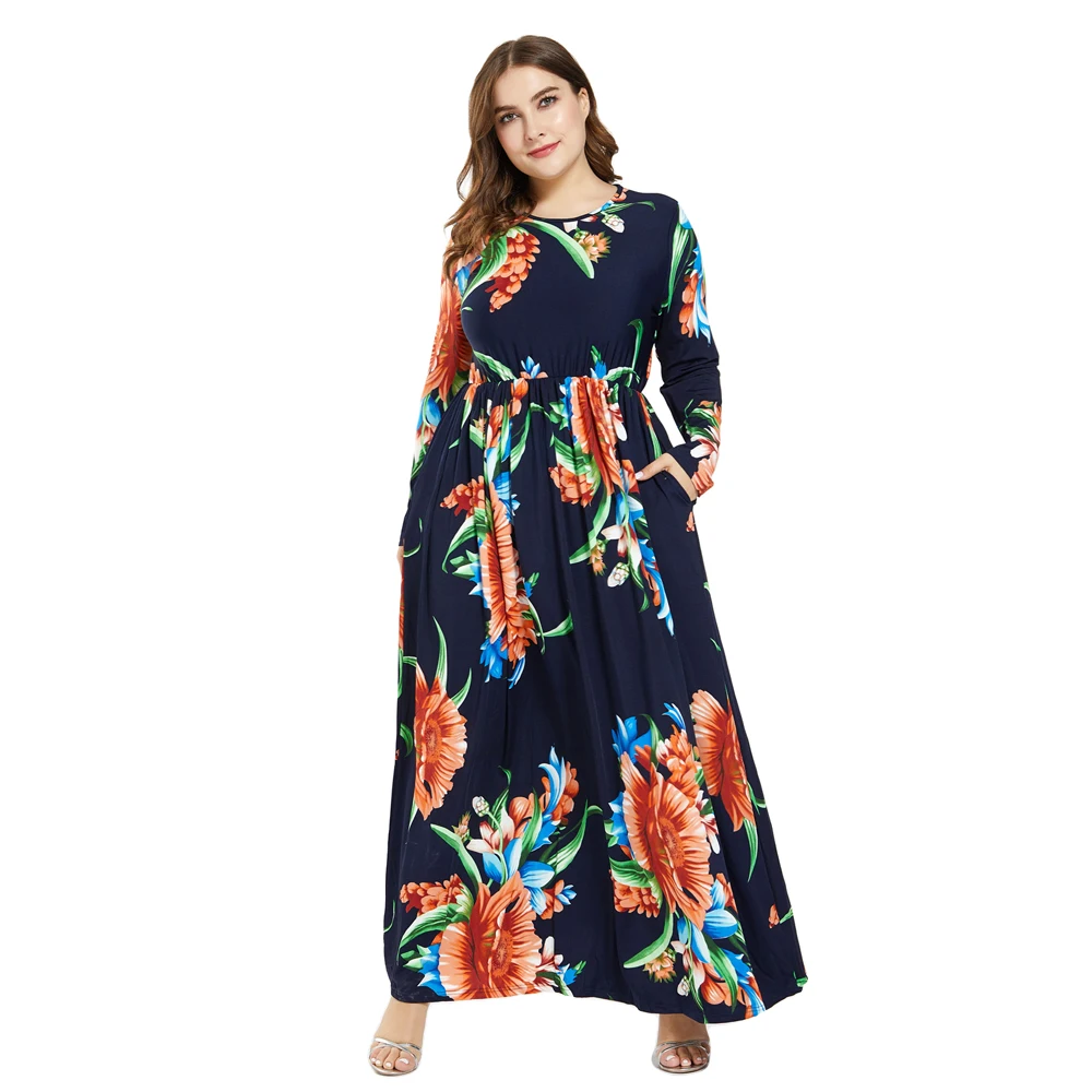 

Muslim Floral Print Abaya Women Bohemian Long Sleeve Maxi Dress Floral Print Kaftan Plus Size Coctail Party Gown Jilbab Islamic