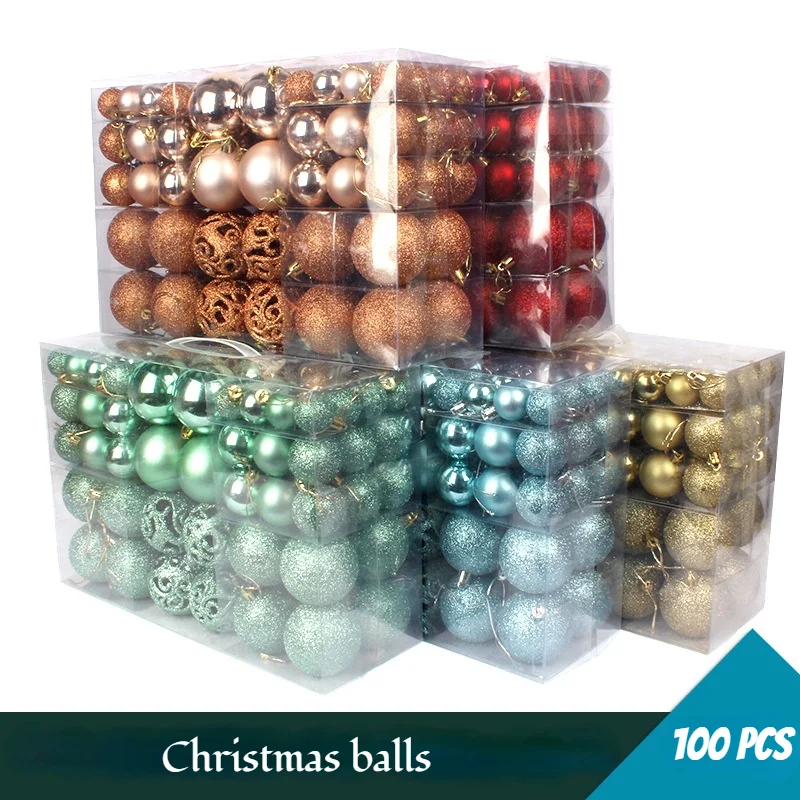 

3-6cm 100 Boxed Christmas Balls Bright Matte Powdered Hollow Christmas Tree Ornaments Colored New Year Decoration 2022